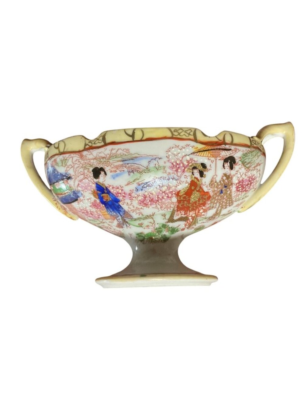 Vtg Rose Medallion Footed Bowl Hand Painted with Handles Gold Accent Paint